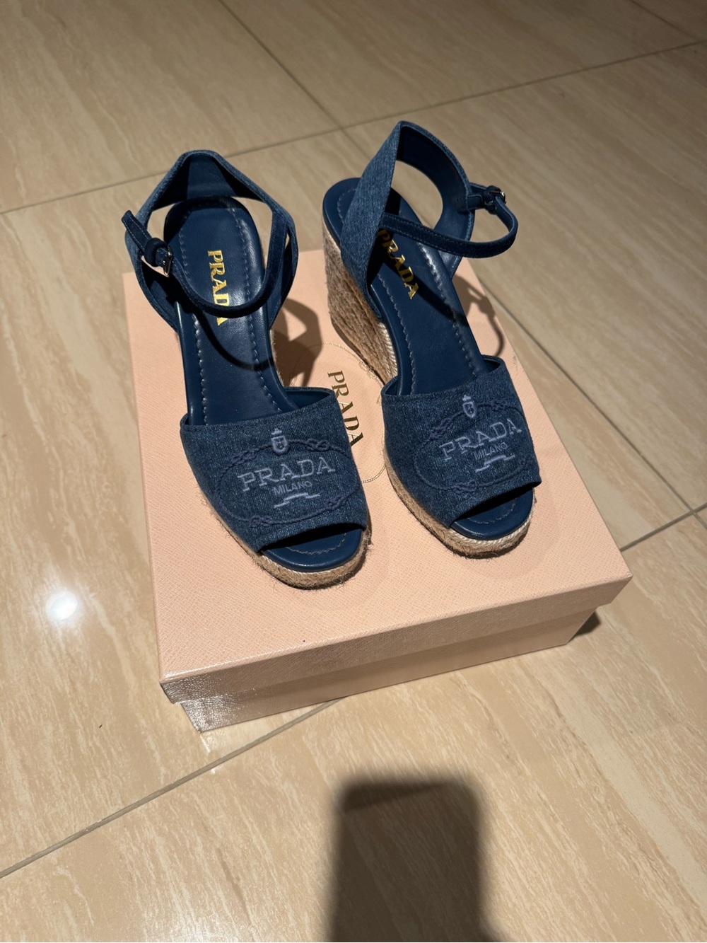 Prada Blue Denim Espadrille Wedge Sandals